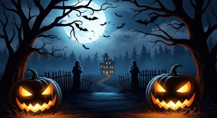Eerie Halloween Night: Haunted House, Glowing Pumpkins, and Bats Under a Full Moon