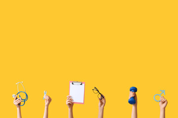 Female hands with blue ribbon, symbol of man and clipboard on yellow background. Prostate Cancer Awareness Month
