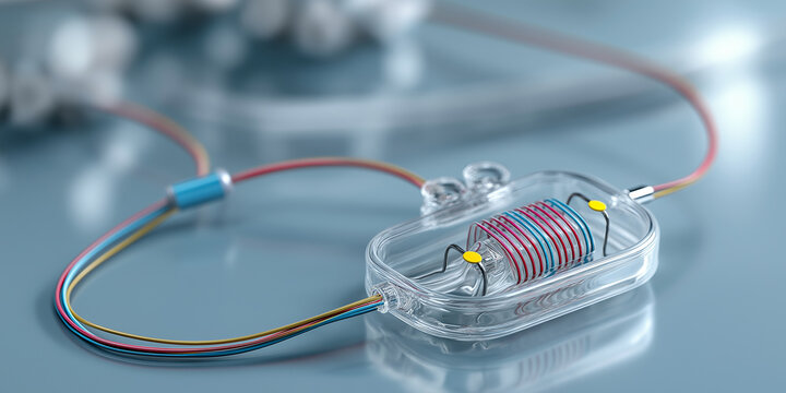 Transparent pacemaker device with colorful wires and intricate internal components is displayed on reflective surface, showcasing advanced medical technology