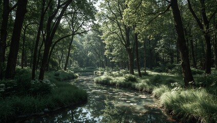 Obraz premium Photo of sunlight filters through the trees illuminating a small stream flowing through a dense green forest in summer