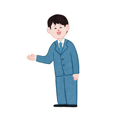 スーツ男性が笑顔で15度お辞儀・案内する姿