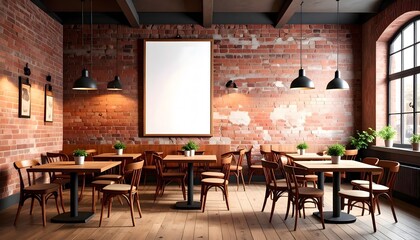 Warm rustic cafe interior with empty frame, exposed brick, and wooden tables ready for guests