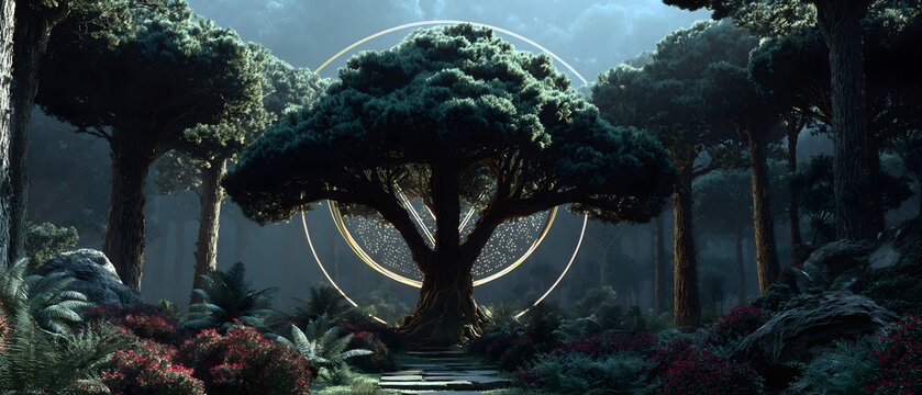 Mesopotamian Mythology・Humbaba&rsquo;s Encrypted Forest | Bronze Pines, Geometric Light Shields, Cuneiform Data Streams, Lava Peace Symbols, War Alert Orb