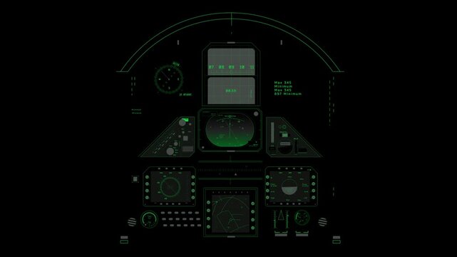 A close up view of a fighter jet cockpit instrument panel, showing various gauges and displays