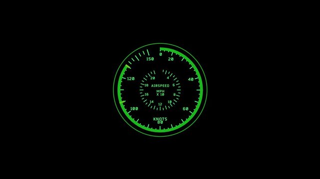 A green speedometer gauge with a black background is reading zero knots and zero miles per hour