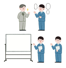 スーツ男性の報告・プレゼン・会議・上司リアクションセット