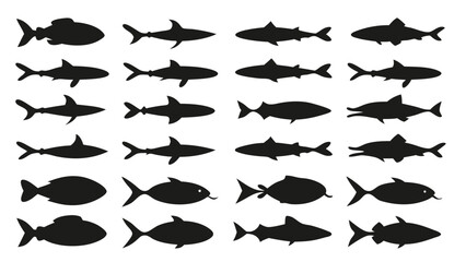 Various fish and shark silhouettes black white