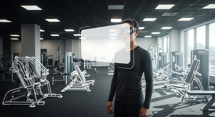 Man in gym wearing VR headset, futuristic fitness overlay.