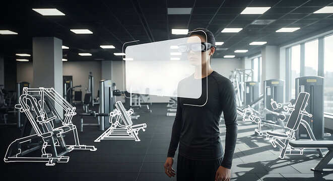 Man in gym wearing VR headset, futuristic fitness overlay.