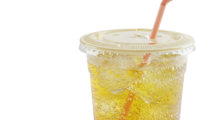 Refreshing Iced Sparkling Beverage in Disposable Cup with Straw