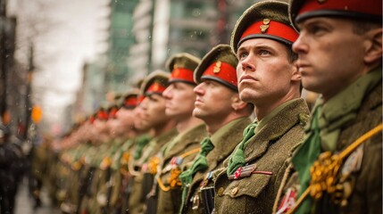 Fototapeta premium Military Parade: Soldiers in Formation, City Background