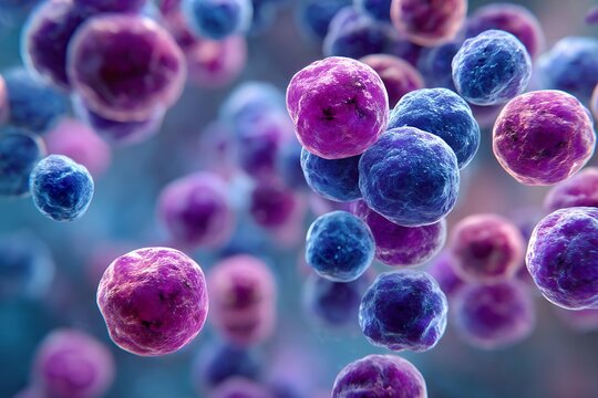 Close-up view of gram-positive cocci bacteria under a light microscope. Arranged in clusters, displaying natural purple-blue stain tones typical in medical laboratory imaging.