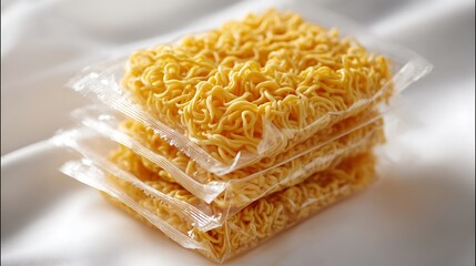 Stack of Packaged Instant Noodles on White Fabric Background