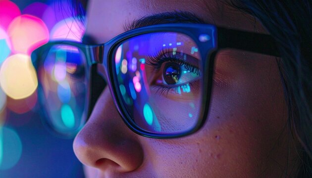 Eyes on Innovation: A close-up shot of a person wearing glasses, the lenses reflecting a dynamic array of lights. This image embodies the fusion of vision, technology, and insight.