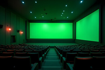Obraz premium Empty Movie Theater with Green Screens and Rows of Seats