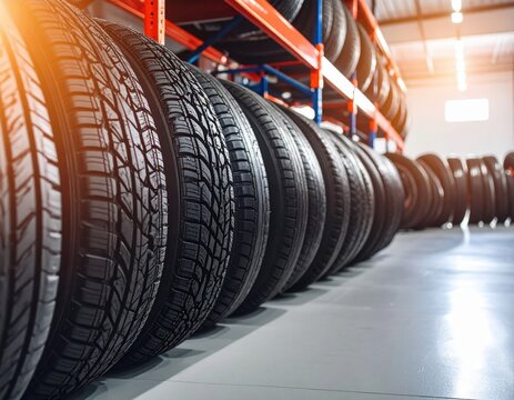 Motorcycle tires neatly arranged in the garage