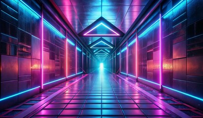 A futuristic, neon-lit corridor with glowing blue and pink geometric patterns. The tiled floor reflects the vibrant colors, enhancing the sense of depth and atmosphere. The perspective leads the eye t
