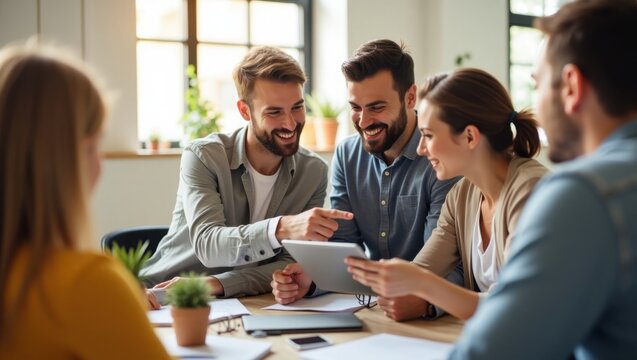 Group of young professionals collaborating around a tablet in a bright modern office space