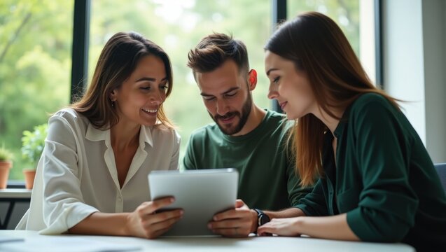 Three friends gathered looking at a tablet device with a bright window in the background indoors