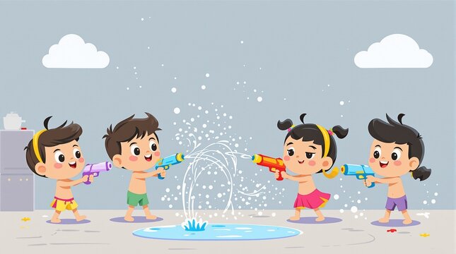 Four cute cartoon children in swimwear having a fun water gun fight, splashing water at each other outdoors during summer. - Powered by Adobe