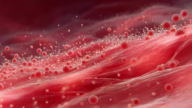 Highresolution microscopic view of bacteria invading soft tissue causing necrosis and red inflammation spreading along muscle fascia.
