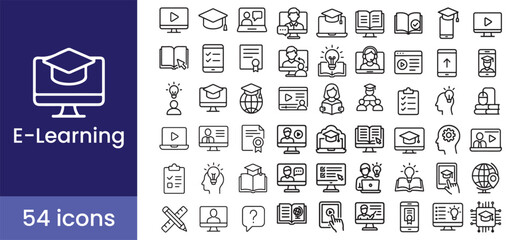 E-learning icon set for an online education course, featuring student, video, webinar, knowledge, and graduation symbols for digital and mobile learning.


