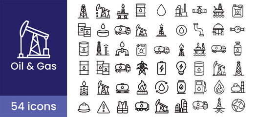 Fototapeta premium Oil and gas industry icon set for fuel and energy production, with petroleum rig and refinery symbols. Vector line illustrations for industrial processes and power generation.