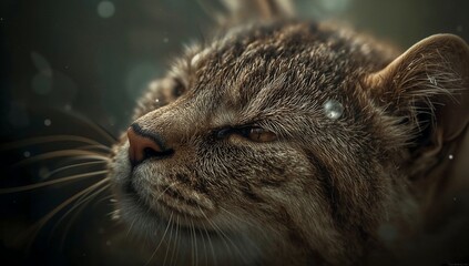 Photo of close up portrait of a sleepy cat with soft brown fur and closed eyes resting peacefully
