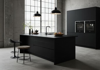 Modern black kitchen interior with island, appliances, and large windows