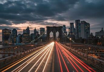 Fototapeta premium New york city skyline and brooklyn bridge at dusk with light trails