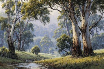 Gently sloping landscape, eucalyptus trees