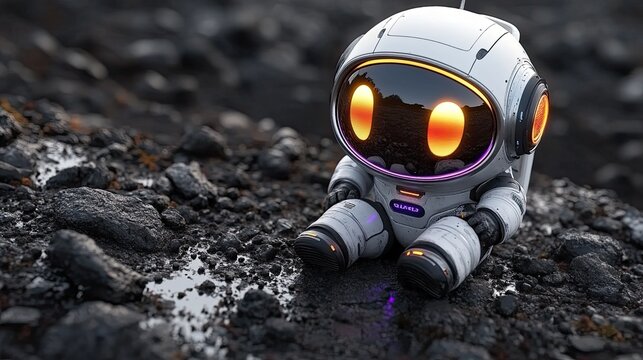 A melancholic robot sitting amidst the rocky terrain of an alien planet reflecting on solitude and