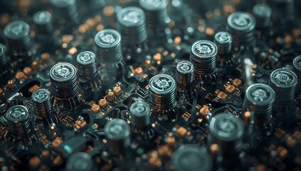 Photo of close up of a complex electronic circuit board with intricate details and futuristic design elements representing technological advancement