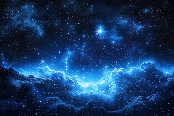 Naklejka premium Brilliant blue stars shine through space and luminous nebula clouds. Use this image for science, space exploration or a peaceful backdrop.