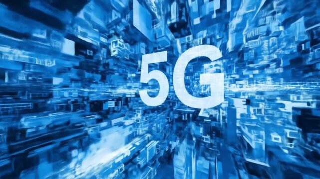 5G logo over a digital blue cityscape showing blurred structures