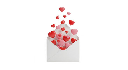 A white envelope overflowing with vibrant red and pink heart shaped candies isolated on transparent background