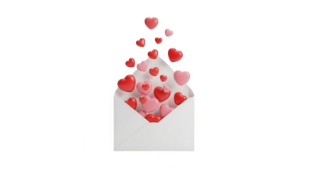 A white envelope overflowing with vibrant red and pink heart shaped candies isolated on transparent background