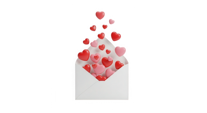 A white envelope overflowing with vibrant red and pink heart shaped candies isolated on transparent background