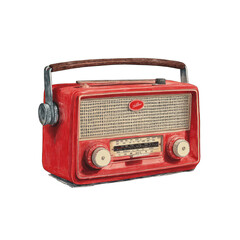 Red vintage portable radio, nostalgic design, home setting, music