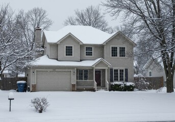Naklejka premium Suburban house covered in snow during winter season