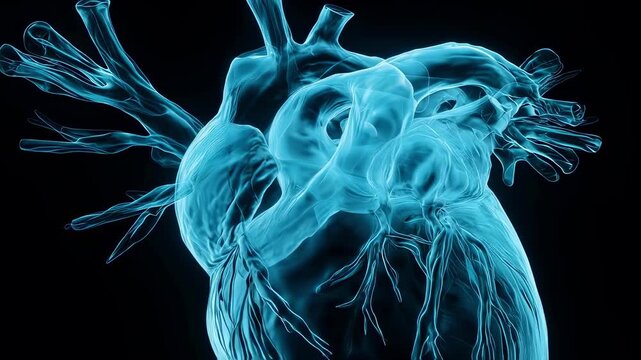 Animated cardiac MRI scan simulation displaying progressive dilation of ventricles and decreased wall thickness emphasized in cyan hues.