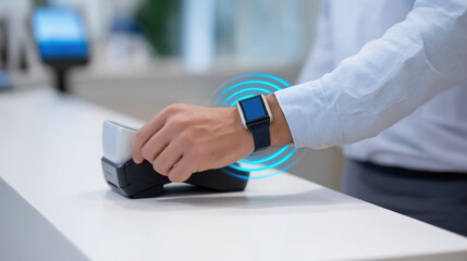 Close up of man making contactless payment using smartwatch at POS terminal representing modern digital wallet.