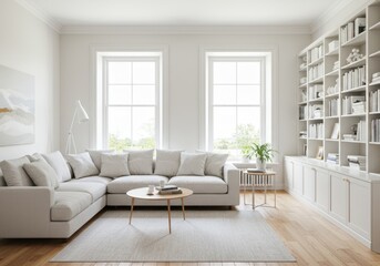 Spacious living room with sectional sofa and builtin bookshelf