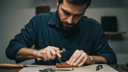 Bearded Craftsman Working with Brown Leather in a Dark Workshop - Powered by Adobe