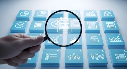 Fototapeta premium A hand holds a magnifying glass over a grid of blue icons, focusing on a document for analysis and inspection.