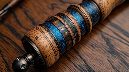 Detailed Close-Up of an Intricately Crafted Wooden and Blue Decorative Piece on a Wooden Surface