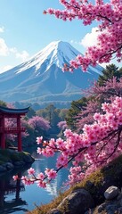 Majestic Mount Fuji, pink cherry blossoms in full bloom , cherry blossoms, beauty