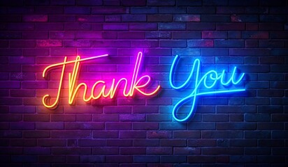 A neon sign displaying Thank you in vibrant pink and blue letters on a dark brick wall, illuminated by a hanging light bulb. Green leaves are partially visible in the foreground, adding a touch of nat