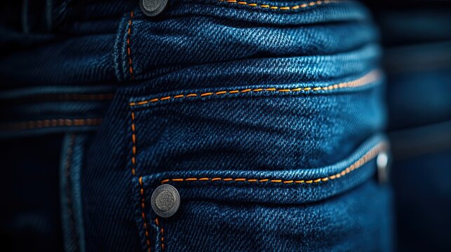 Detailed close-up of blue denim jeans fabric with orange stitching and metal buttons - Powered by Adobe