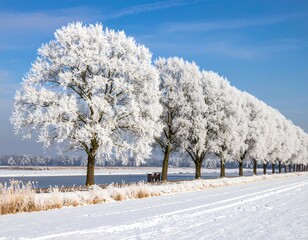 Frosty trees line a snowy landscape